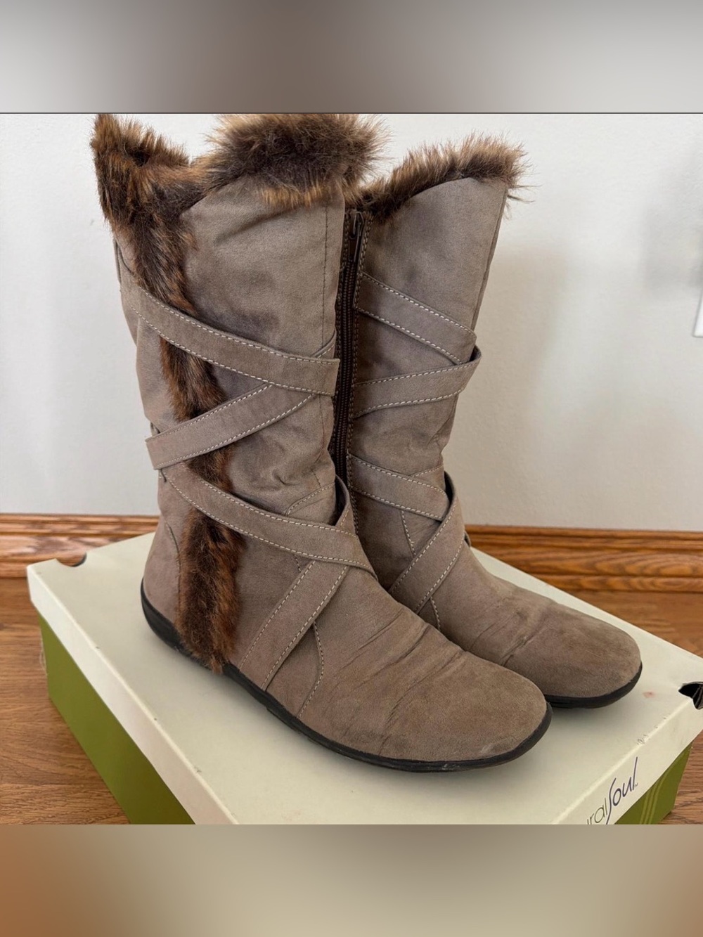 Naturalizer Taupe Faux-Fur Strap Mid-Calf Boots